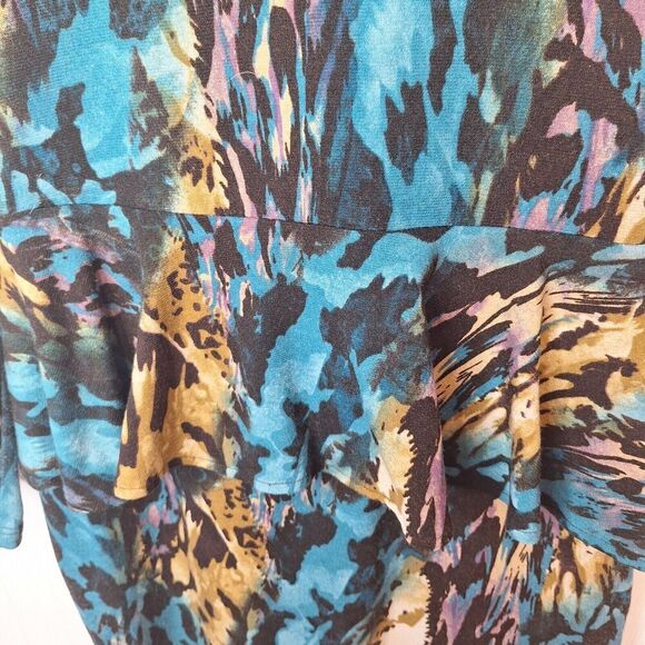 Isle Apparel Womens Peplum Fitted Dress Size S Blue Multi Long Sleeve Knit VTG - Picture 5 of 10